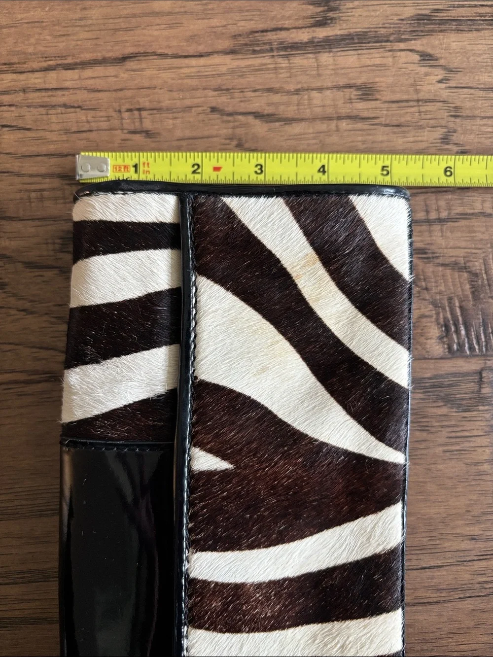 Leather Zebra-Print Clutch Wallet with Black Patent Leather Accent